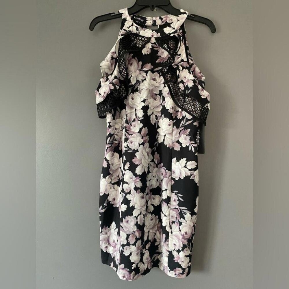 Lace Cold Shoulder Bebe Floral Mini Dress NWT Bodycon Sz 10 Black White Pink - Picture 2 of 16